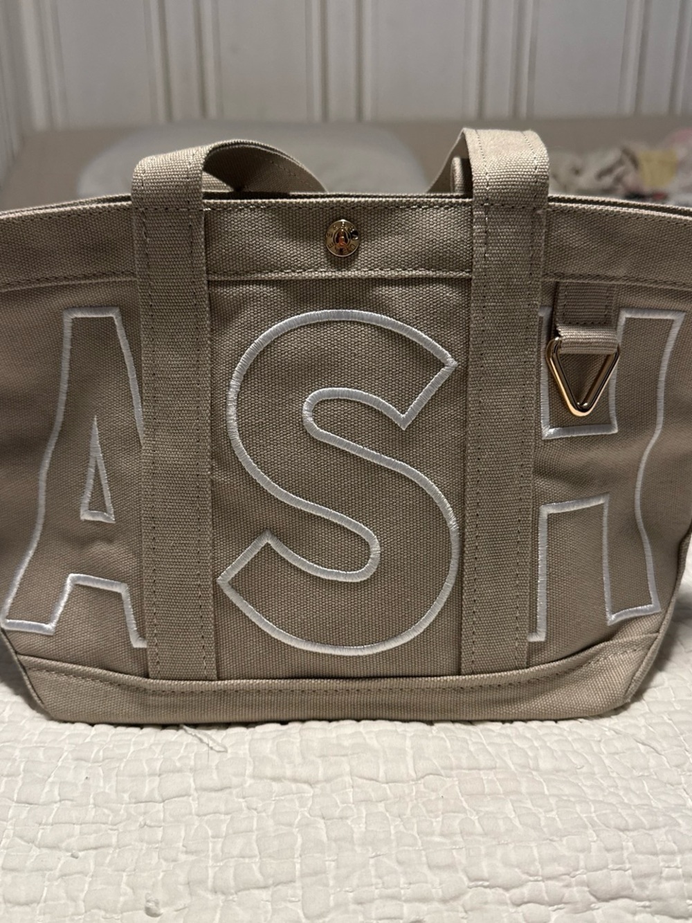 BaubleBar Beige Canvas Tote with White Lettering